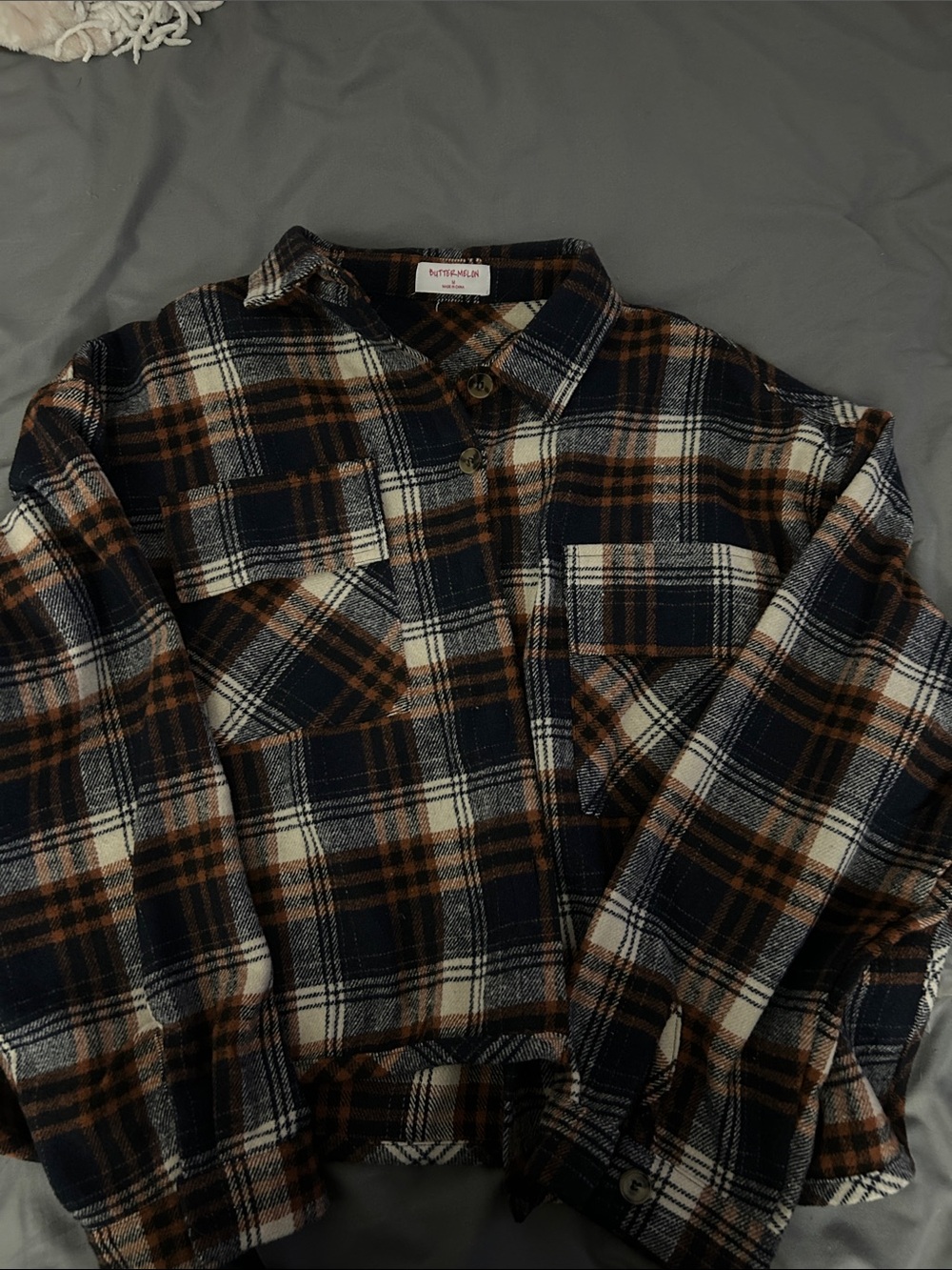 Buttoned Plaid Shacket in Navy and Brown